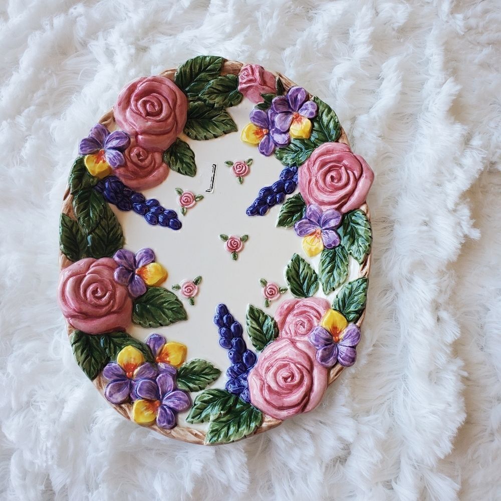 Vtg Fitz & Floyd Oval Floral Decorative Plate Dish Embossed Flowers Leaves 1994